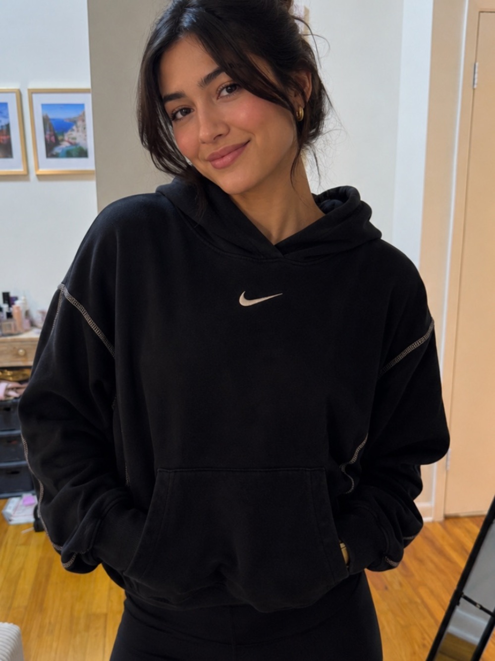Nike Black Cropped Hoodie with Stitch Detail